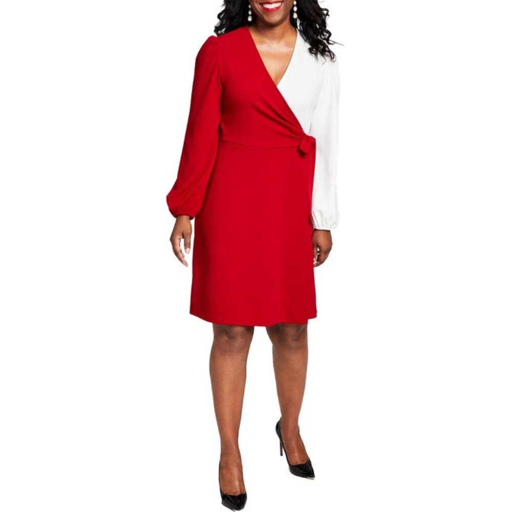 NWT Kasper Surplice Ruched Tie Red Color-block Fall/Winter Church,Work Dress 2X